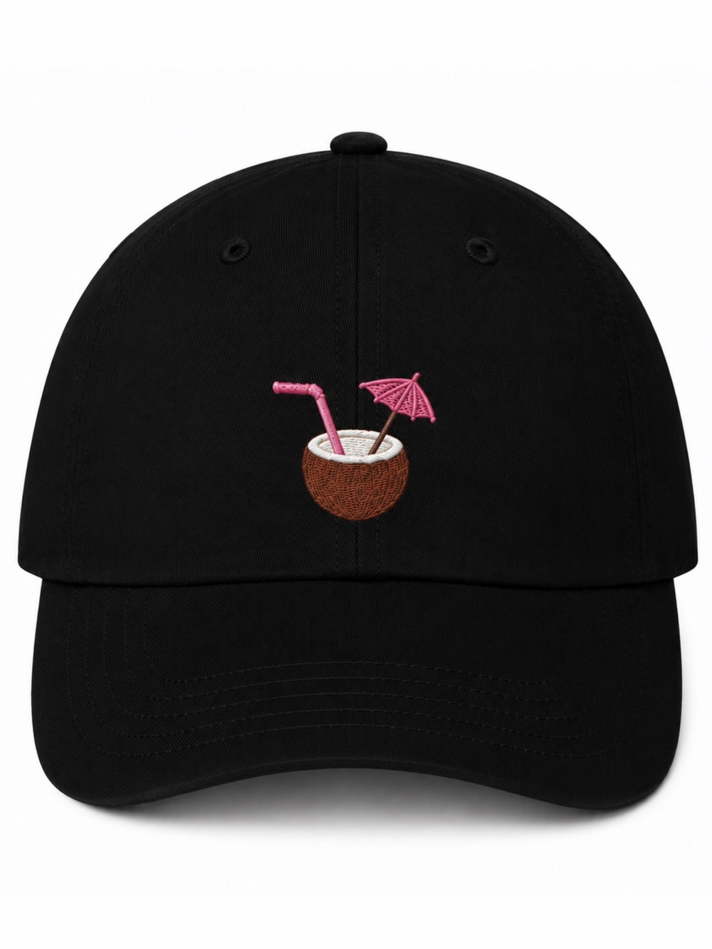 🥥⛱️ Tropical Coconut Drink Black Baseball Cap Summer Embroidered Velcro Hat